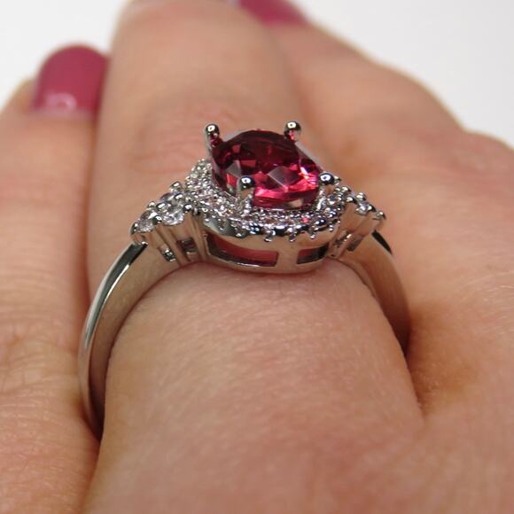 Zales Ruby & Cubic Zirconia Halo Sterling Silver Ring Size 7 SYNTHETIC - Picture 5 of 12